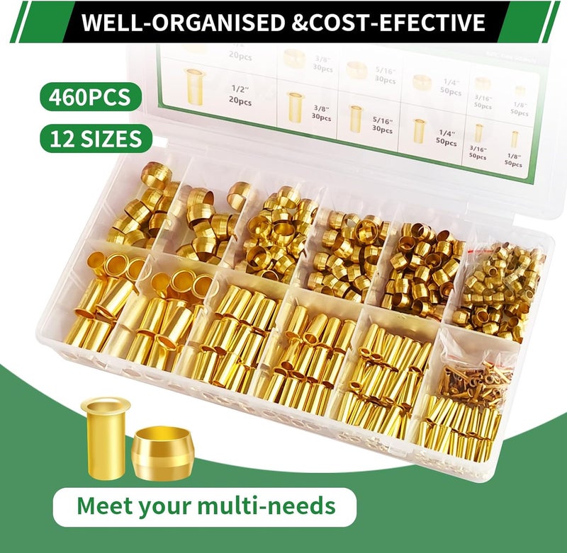 Japtend 460pcs Brass Compression Sleeves Ferrules Inserts Fittings Assortment Kit, 1/2" 3/8" 5/16" 1/4" 3/16" 1/8" 6 Sizes Hose Repair Kit of Air Water Fuel Oil Gas Tube Lines - Image 5